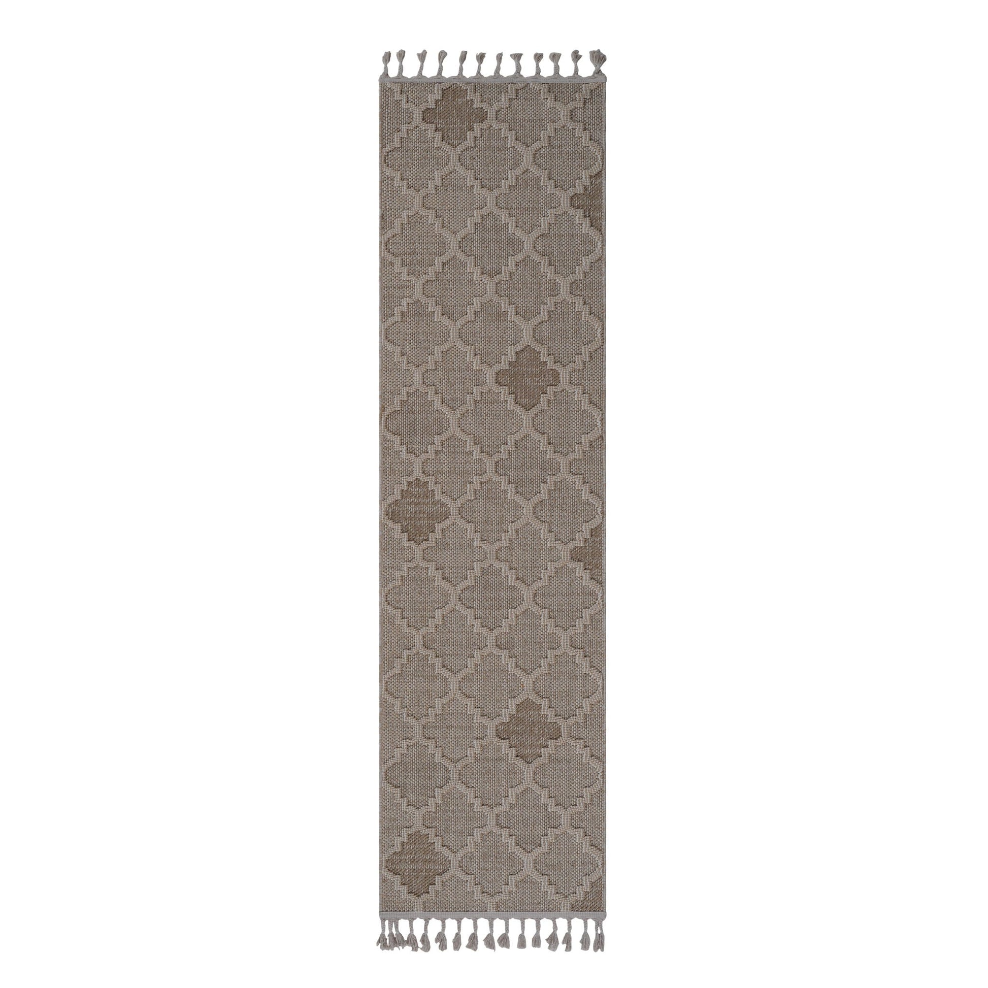 Patterned rug with tassels on a white background