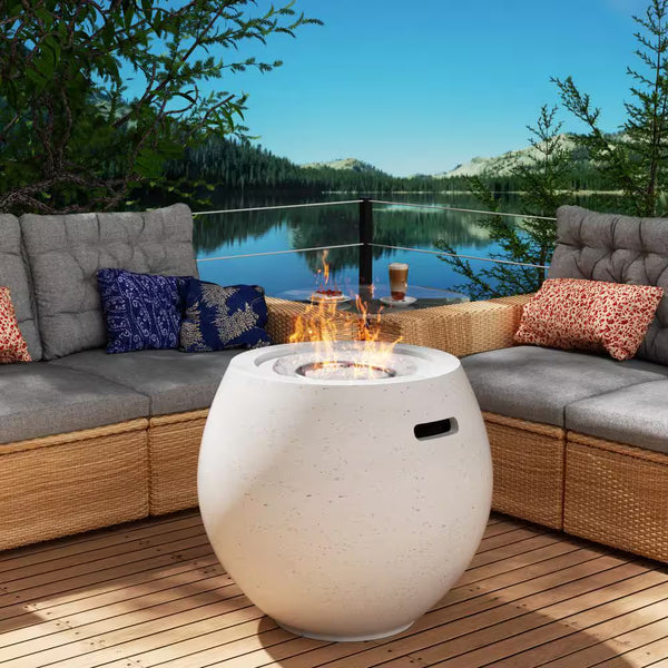21.25 In. White round Concrete Propane Gas Fire Pit Table 40,000-BTU with Lid