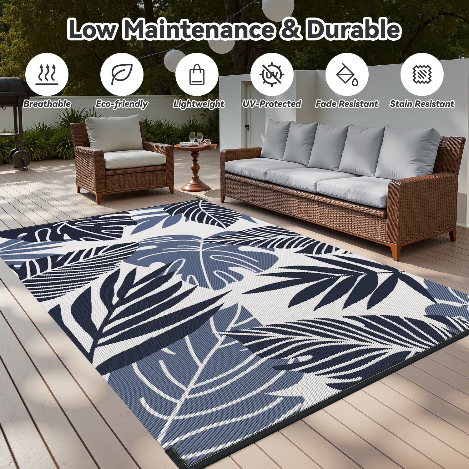 Outdoor Rug 8'X10' Waterproof Reversible Patio Rug for Beach, RV, Camping, Garden, Deck - Beige/Blue