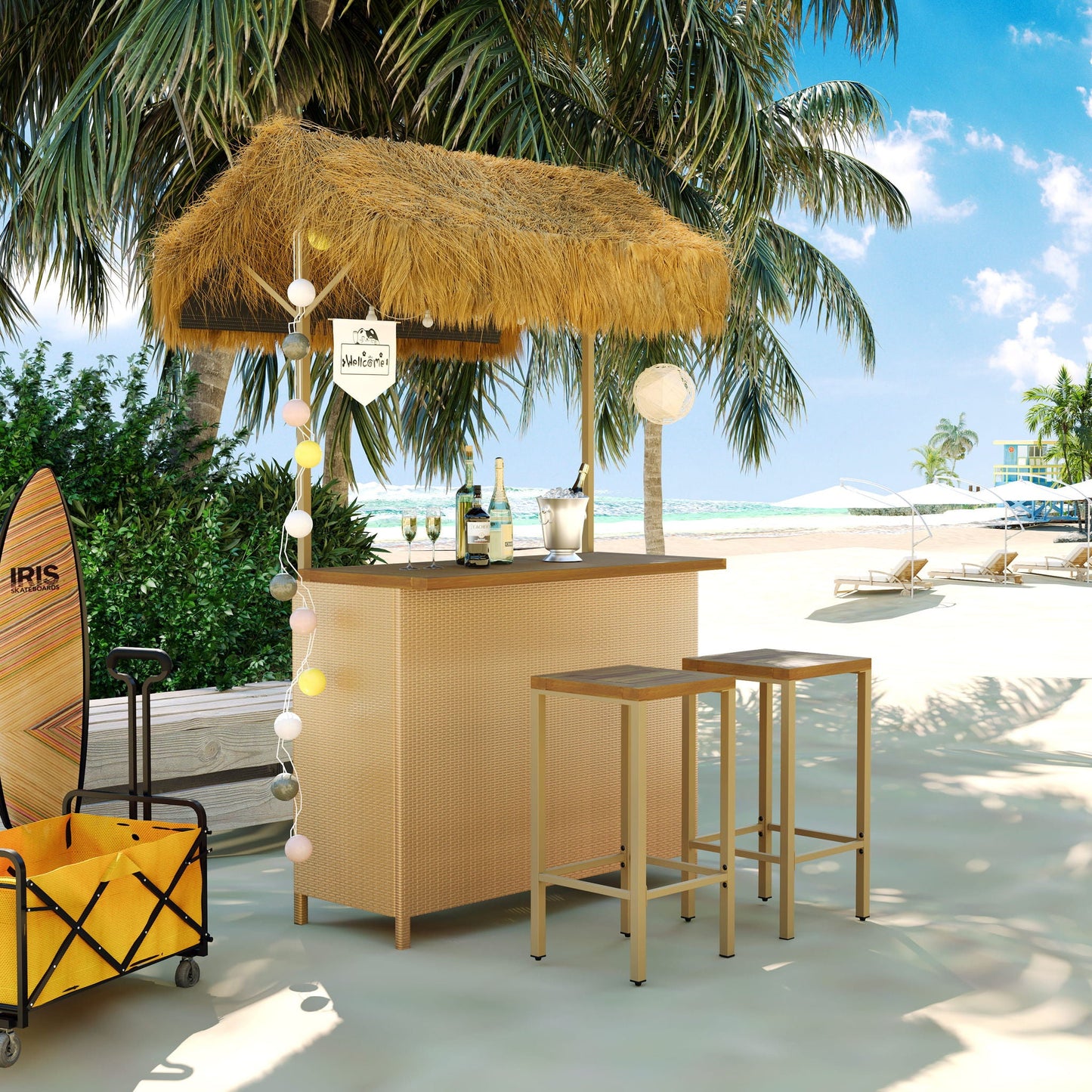 Beachside bar setup with straw roof, bottles, and surfboard on a sunny day.