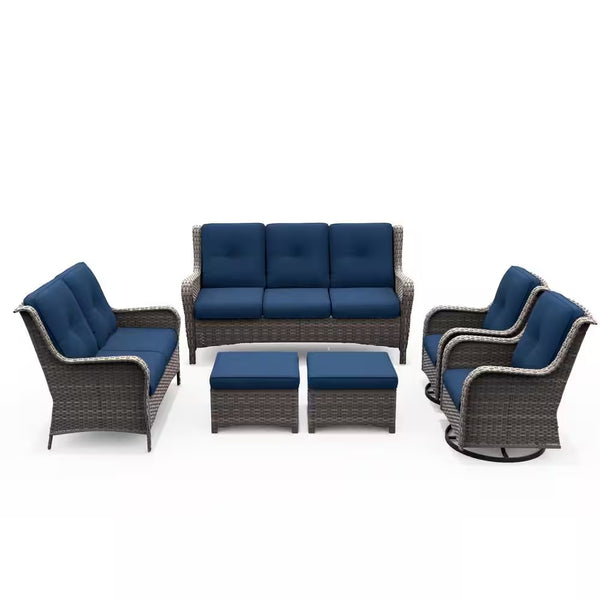 MeetLeisure 6-Piece Outdoor Patio Conversation Set | 7-Seat Steel Swivel Rocker Chairs with Blue Cushions