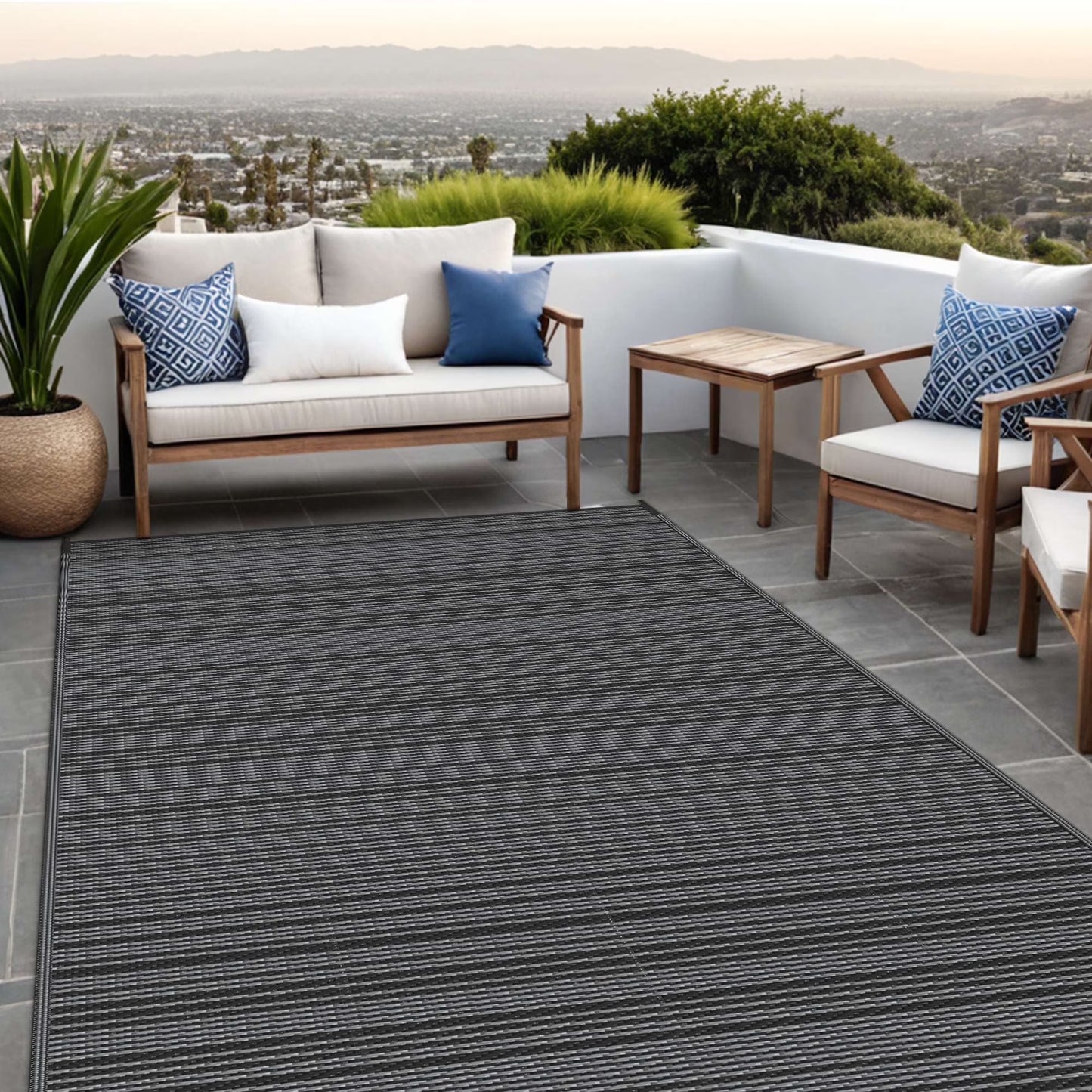 8'X 10' Outdoor Waterproof Rug Camping Mat Patio Carpet,Black&Gray