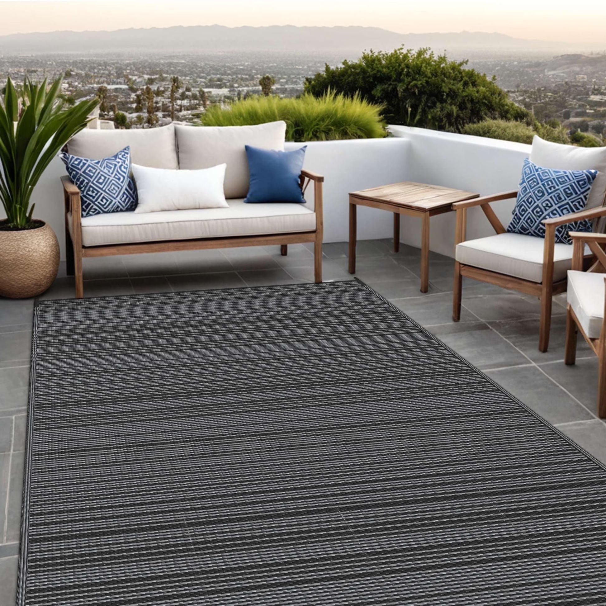 8'X 10' Outdoor Waterproof Rug Camping Mat Patio Carpet,Black&Gray