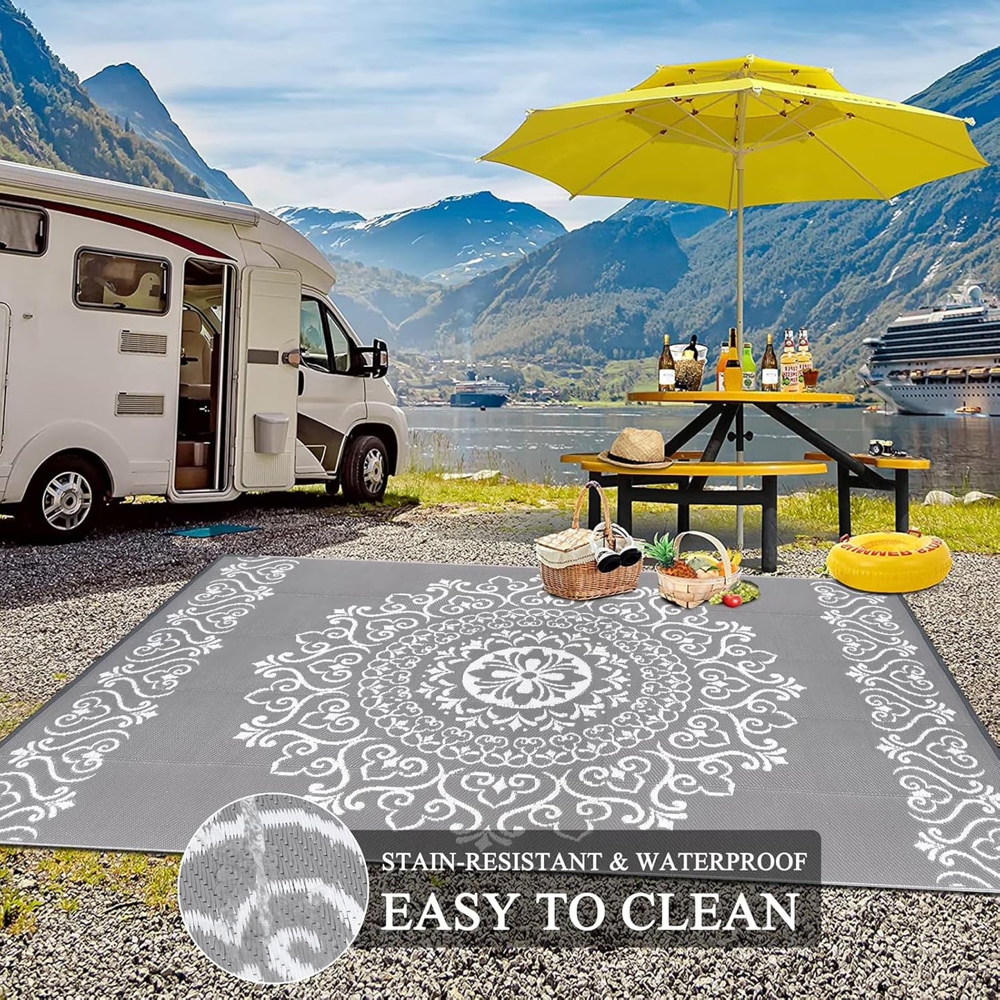 6'X9' Gray Outdoor Rug Patio Rug Waterproof RV Outdoor Rug Camping Rugs Reversible Plastic Straw Rug Large Outdoor Mat for Camping, Balcony Apartment, Patio, Porch, Picnic, Beach