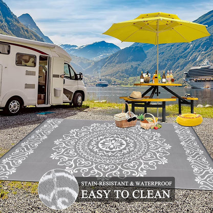 6'X9' Gray Outdoor Rug Patio Rug Waterproof RV Outdoor Rug Camping Rugs Reversible Plastic Straw Rug Large Outdoor Mat for Camping, Balcony Apartment, Patio, Porch, Picnic, Beach