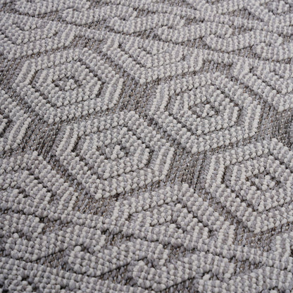 Close-up of a textured gray carpet with a geometric pattern