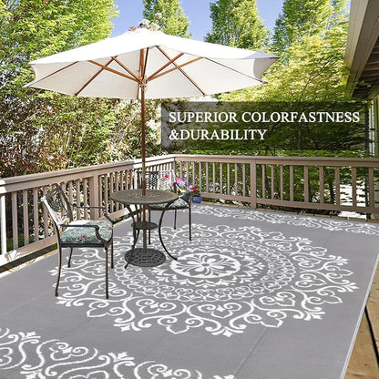 6'X9' Gray Outdoor Rug Patio Rug Waterproof RV Outdoor Rug Camping Rugs Reversible Plastic Straw Rug Large Outdoor Mat for Camping, Balcony Apartment, Patio, Porch, Picnic, Beach