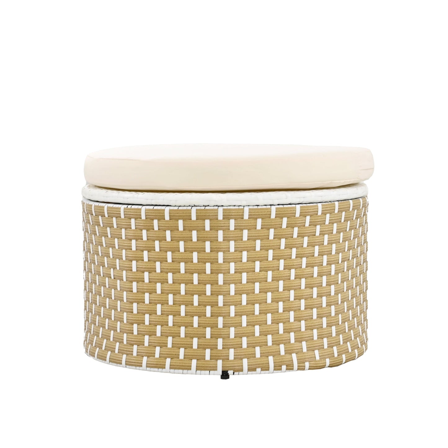 Round woven ottoman with a beige cushion on a white background