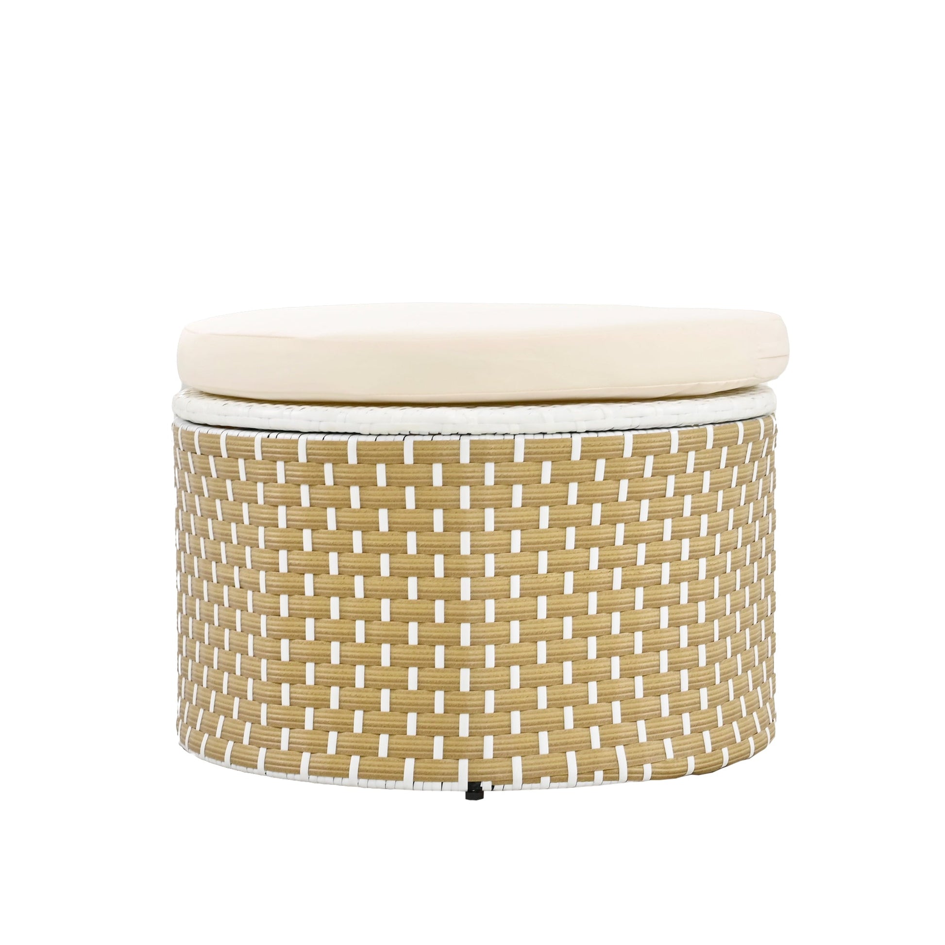 Round woven ottoman with a beige cushion on a white background