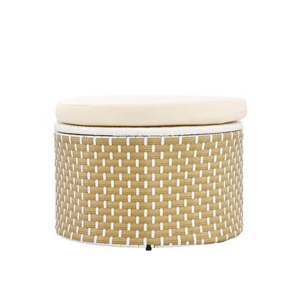 Round woven ottoman with a beige cushion on a white background