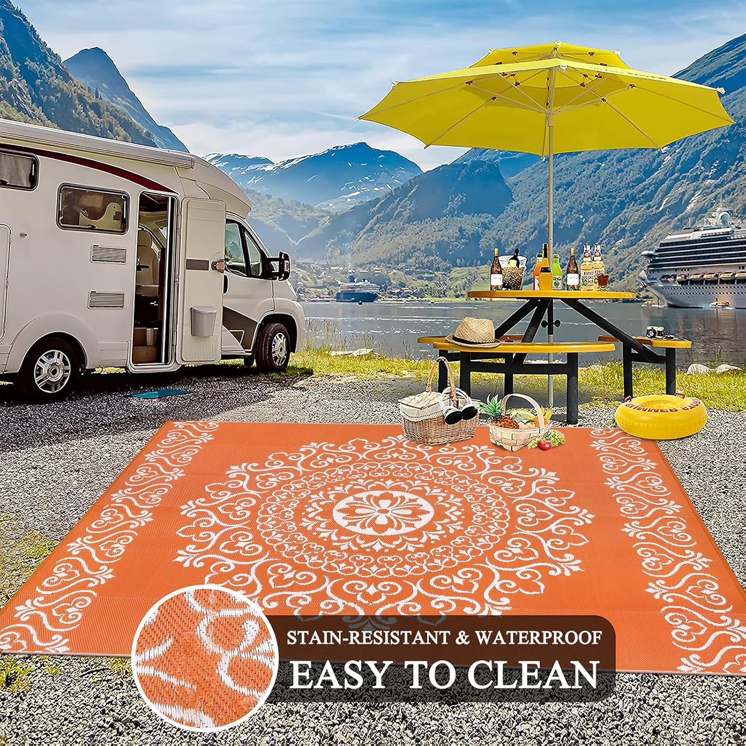 6'X9' Orange Outdoor Rug Patio Rug Waterproof RV Outdoor Rug Camping Rugs Reversible Plastic Straw Rug Large Outdoor Mat for Camping, Balcony Apartment, Patio, Porch, Picnic, Beach
