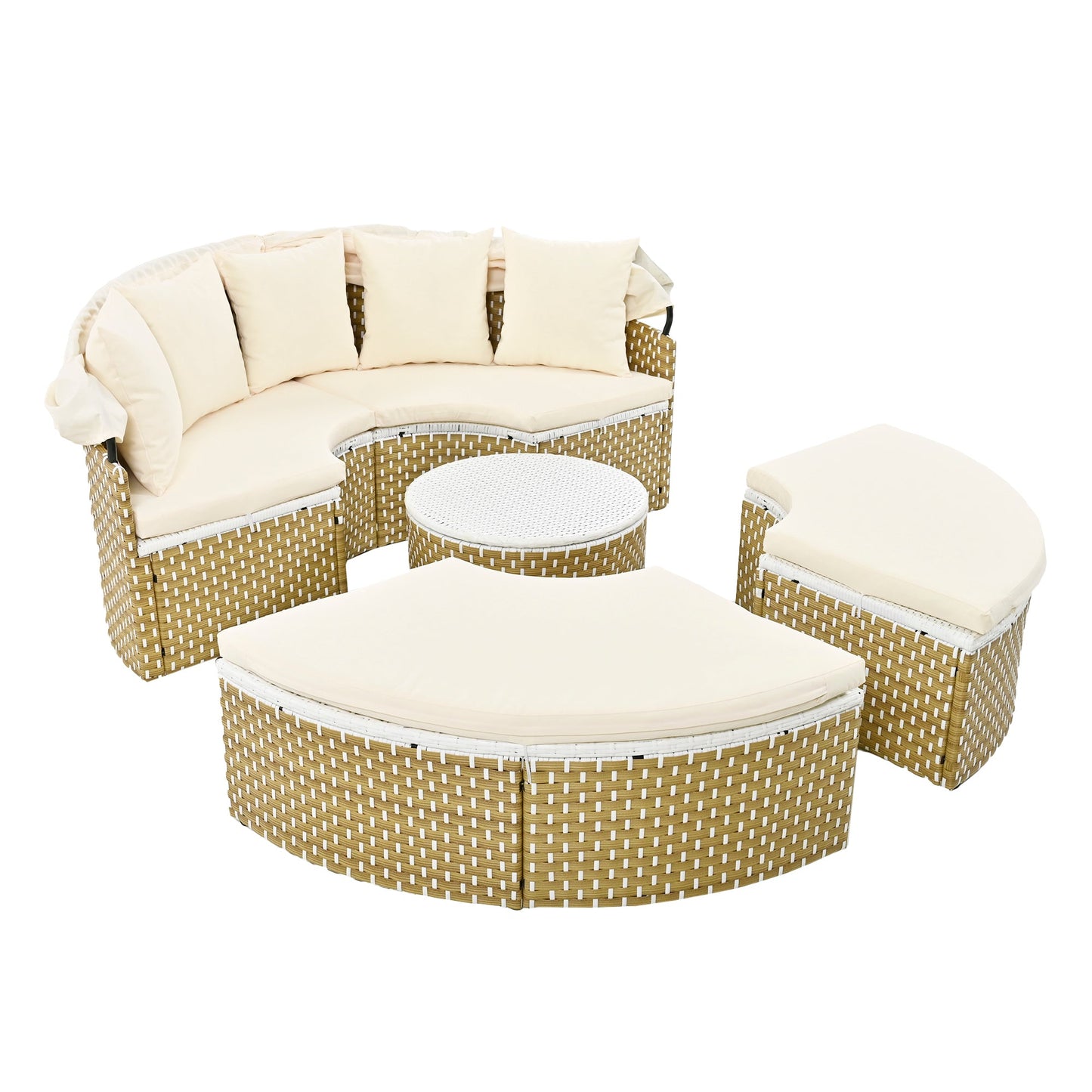 Wicker outdoor furniture set with beige cushions on a white background