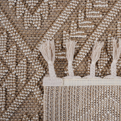 Close-up of a textured rug with tassels on a matching background