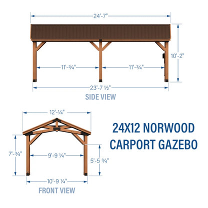 Norwood 24' X 12' Cedar Wood Outdoor Patio Gazebo with Hardtop Galvanized Steel Peak Roof and Powerport