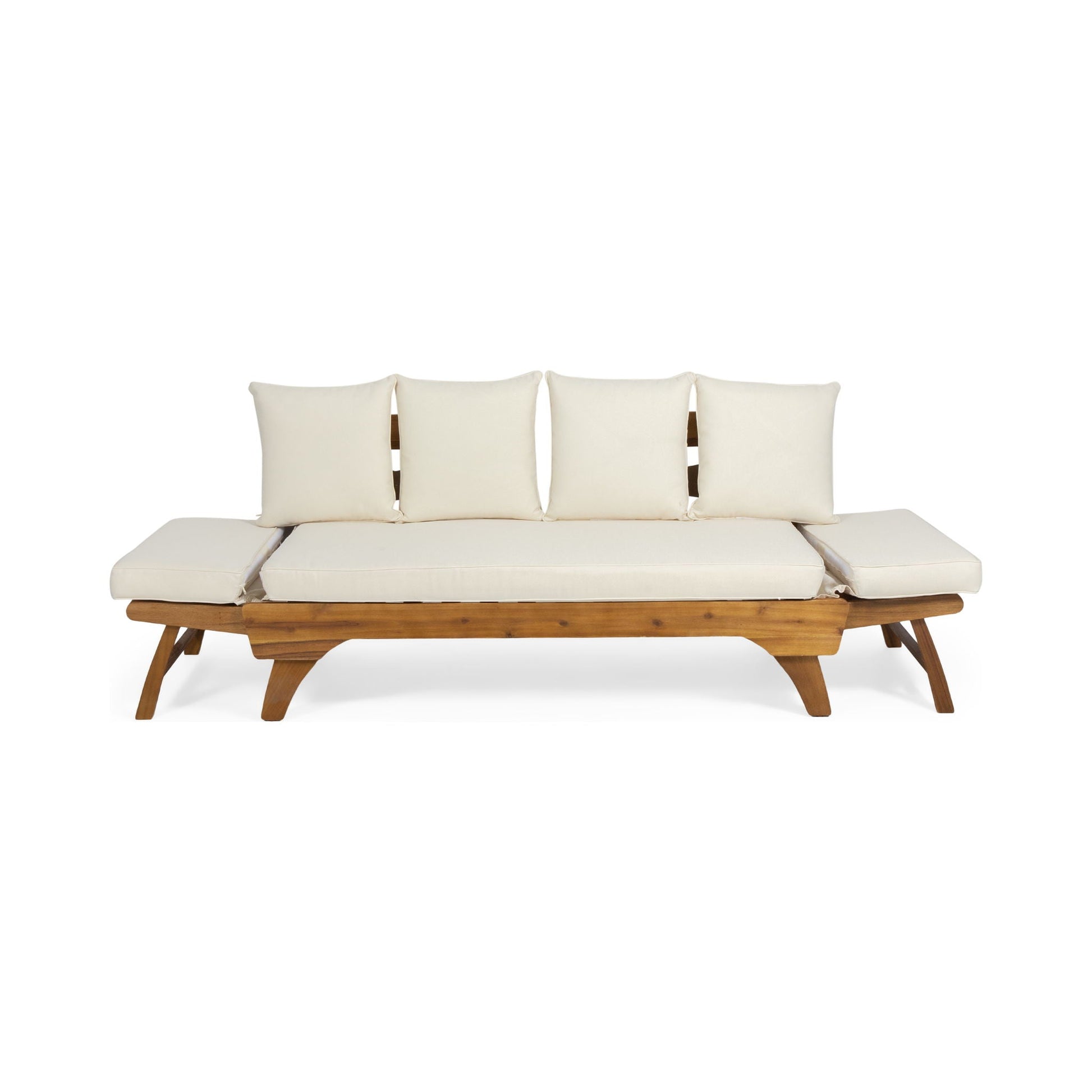 Wooden outdoor sofa with white cushions on a white background