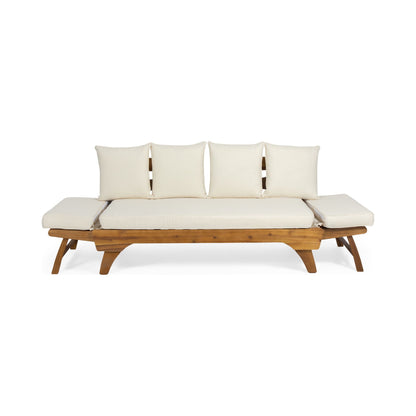 Wooden outdoor sofa with white cushions on a white background