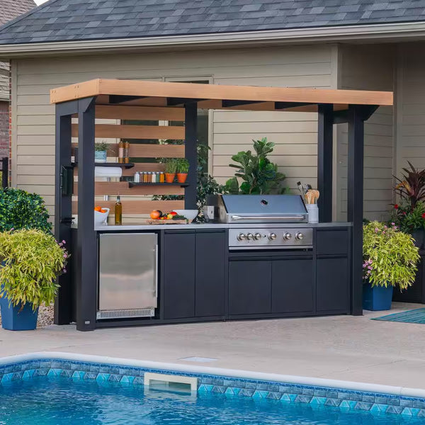 Fusion Flame 5-Burner Propane Gas Grill Island with Rotisserie and Outdoor Rated Refrigerator in Stainless Steel