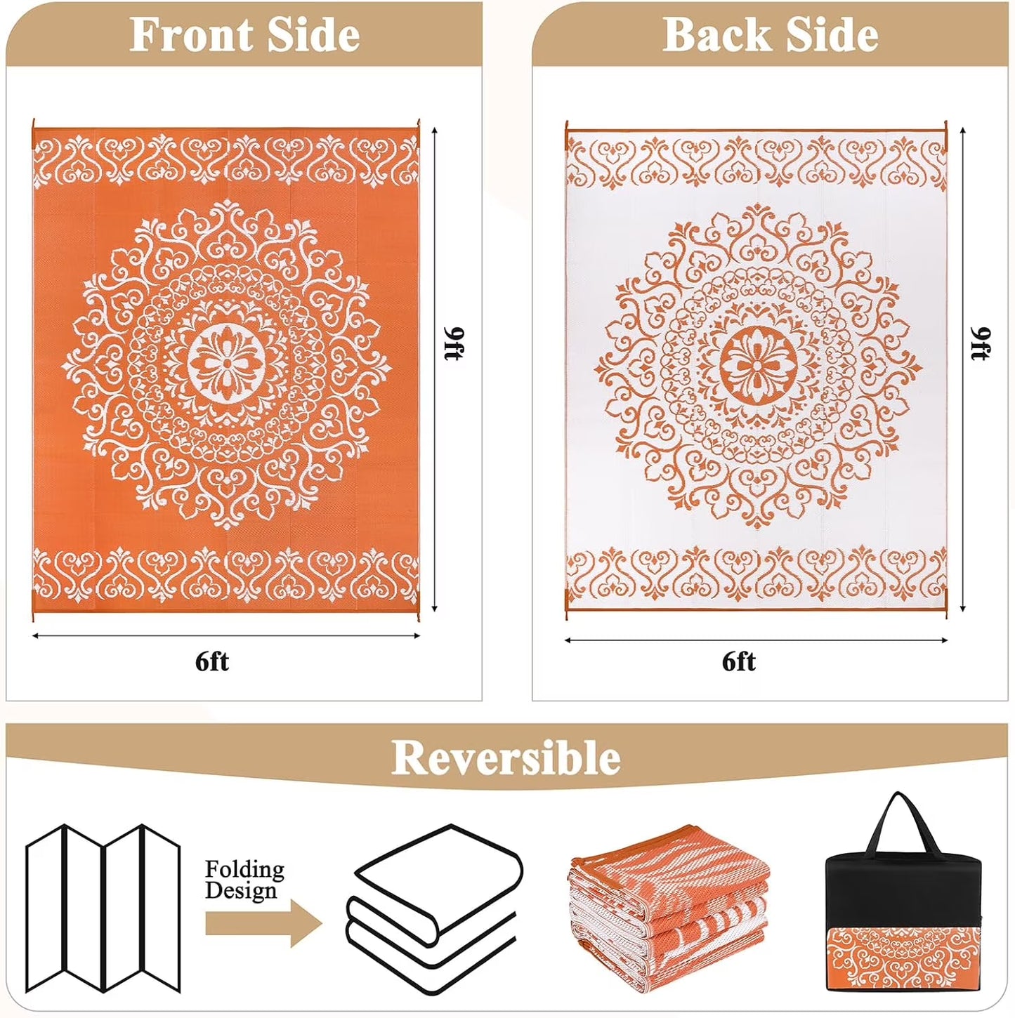 6'X9' Orange Outdoor Rug Patio Rug Waterproof RV Outdoor Rug Camping Rugs Reversible Plastic Straw Rug Large Outdoor Mat for Camping, Balcony Apartment, Patio, Porch, Picnic, Beach
