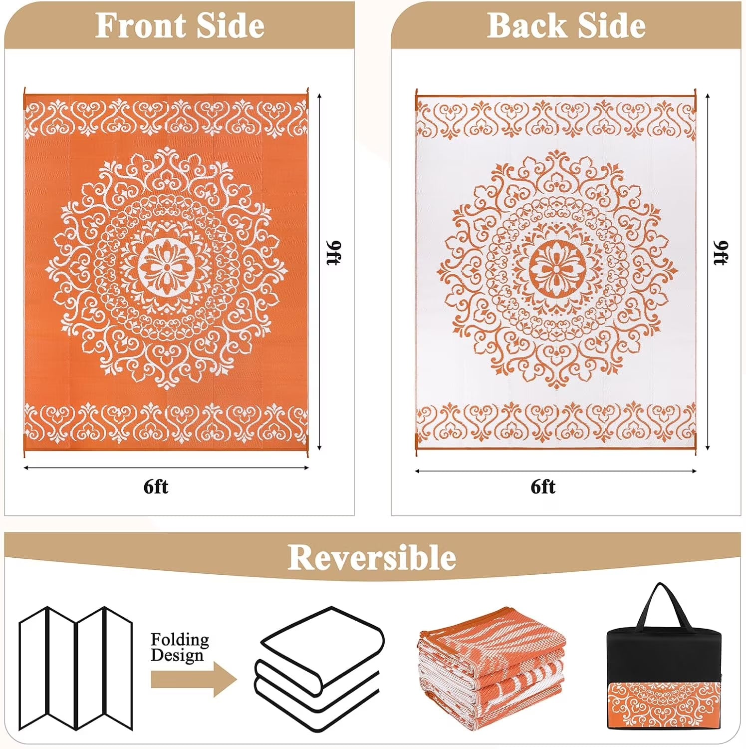 6'X9' Orange Outdoor Rug Patio Rug Waterproof RV Outdoor Rug Camping Rugs Reversible Plastic Straw Rug Large Outdoor Mat for Camping, Balcony Apartment, Patio, Porch, Picnic, Beach