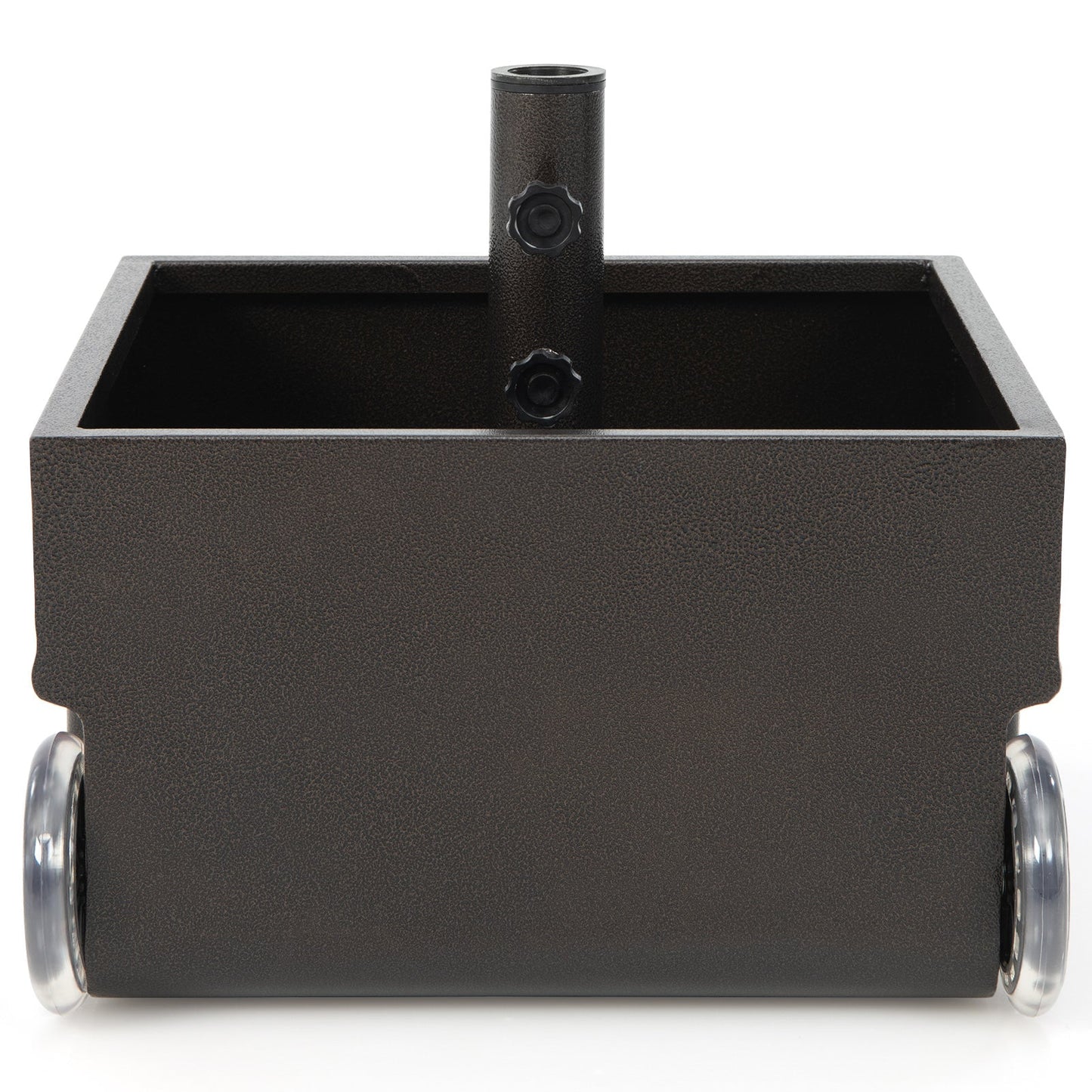 Black rectangular component with cylindrical wheels on a white background
