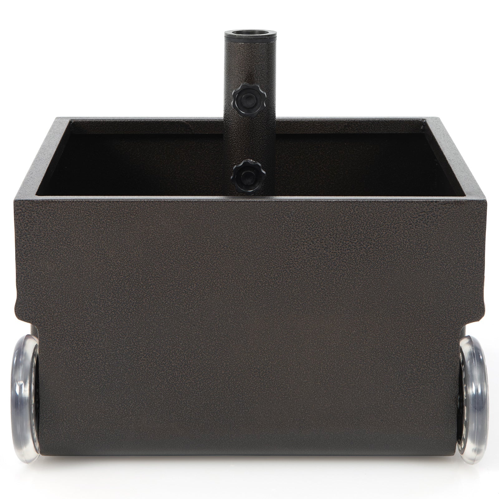 Black rectangular component with cylindrical wheels on a white background