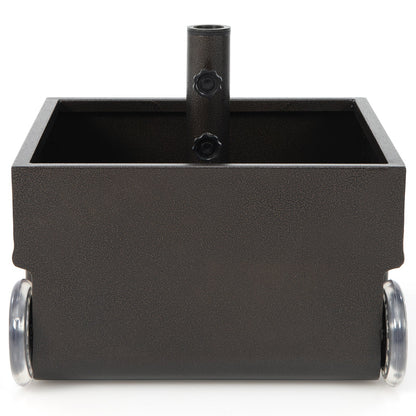 Black rectangular component with cylindrical wheels on a white background