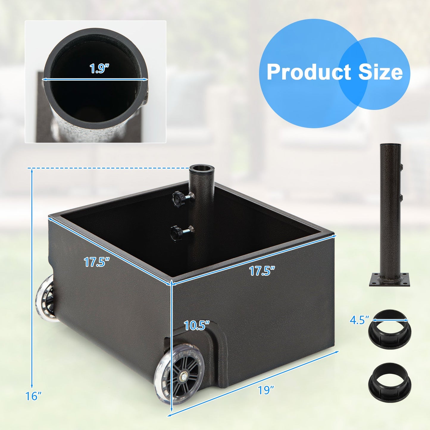 Black rectangular cart with wheels and dimensions labeled, featuring a close-up of a cylindrical component.