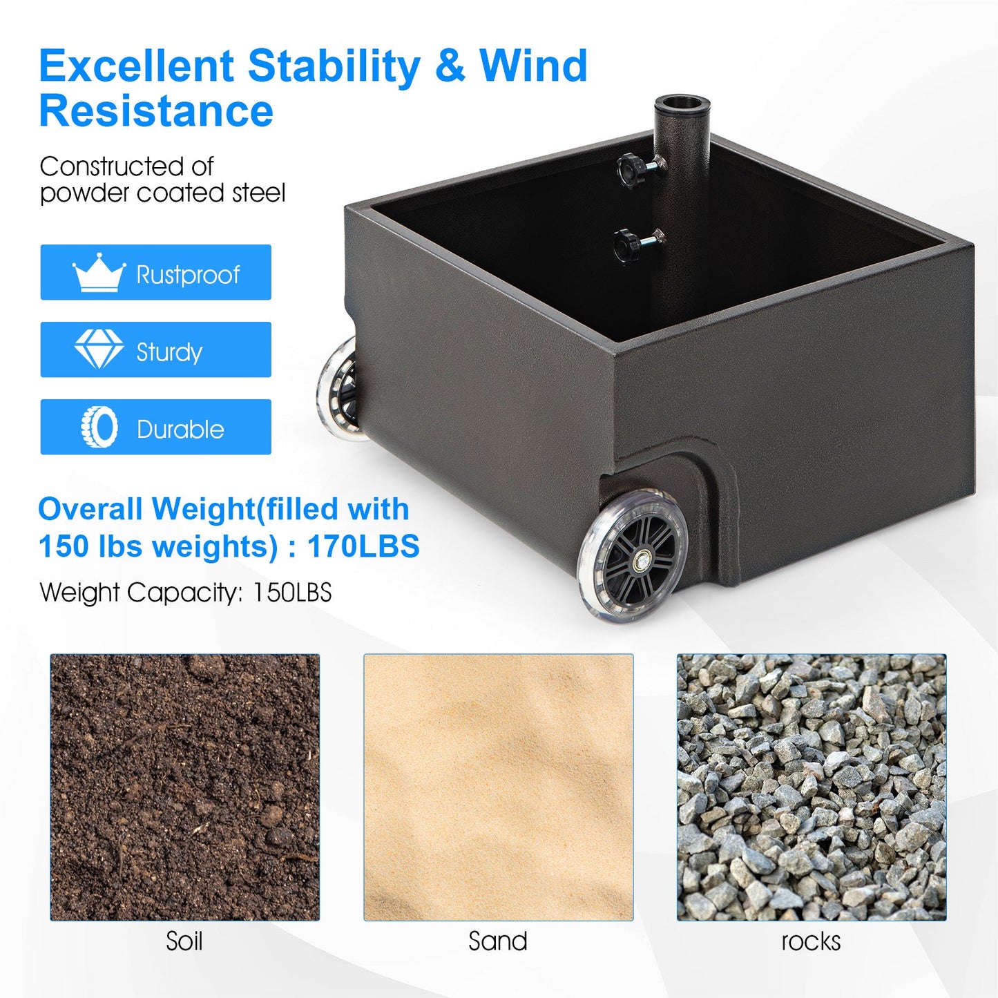 Black metal tank with stability and resistance features on a white background