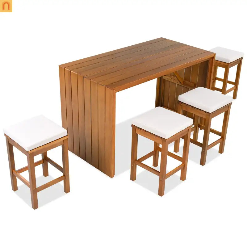 Wooden bar set with stools on a white background