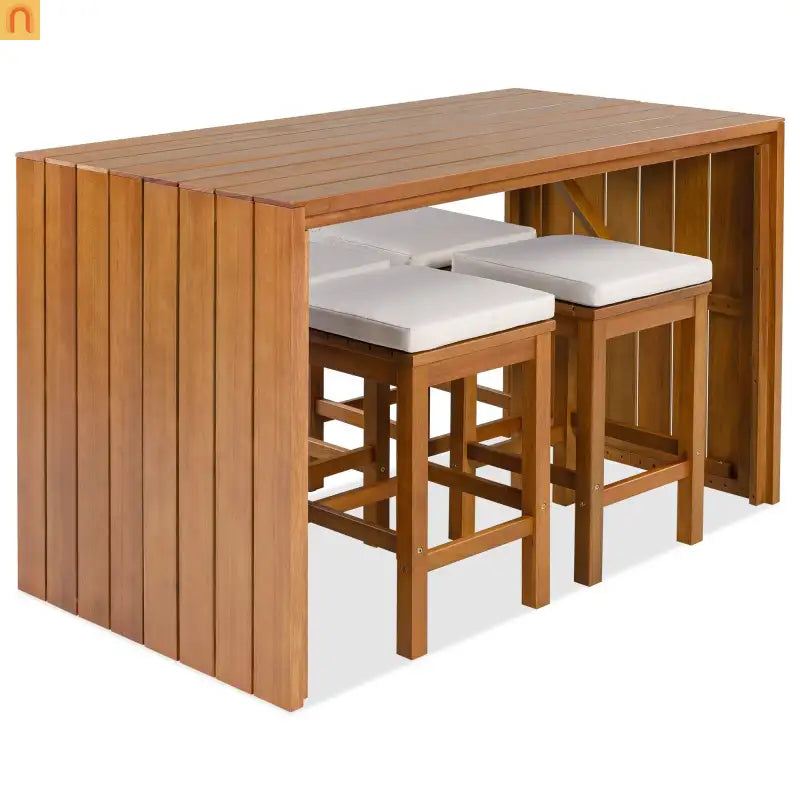Wooden outdoor table with four stools on a white background