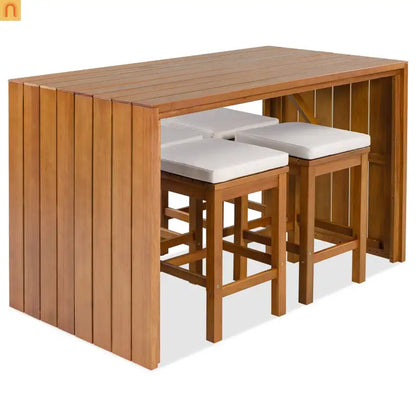 Wooden outdoor table with four stools on a white background