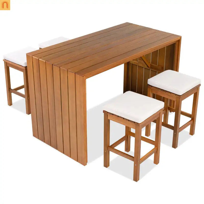 Wooden bar set with stools on a white background
