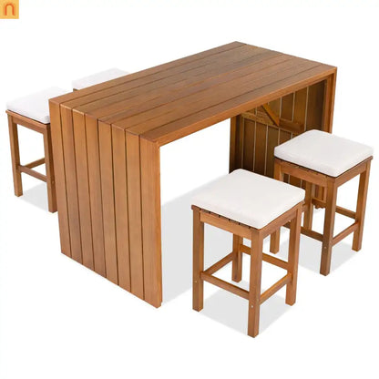 Wooden bar set with stools on a white background