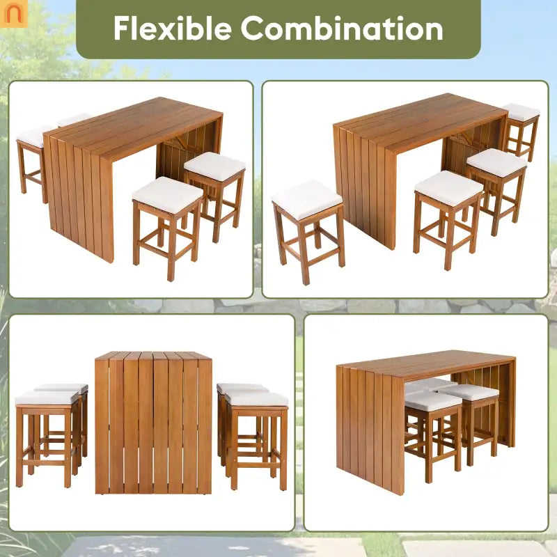 Wooden outdoor furniture set with tables and stools, showing flexible combination options.