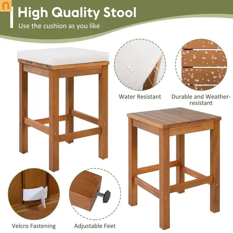 Wooden stool with cushion, highlighting features like water resistance and durability.
