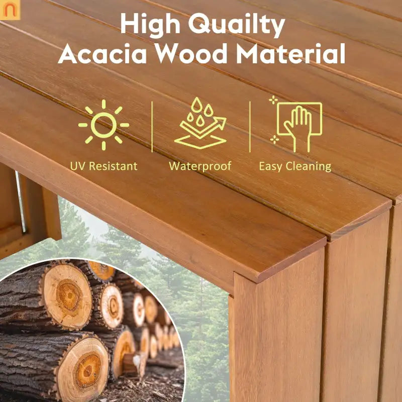 Wooden bench with acacia wood material, UV resistant, waterproof, and easy cleaning features.