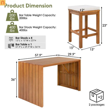 Wooden bar table and stools with dimensions and weight capacity details on a white background