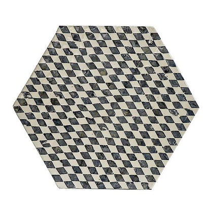 Hexagonal tile with black and white checkered pattern on a white background